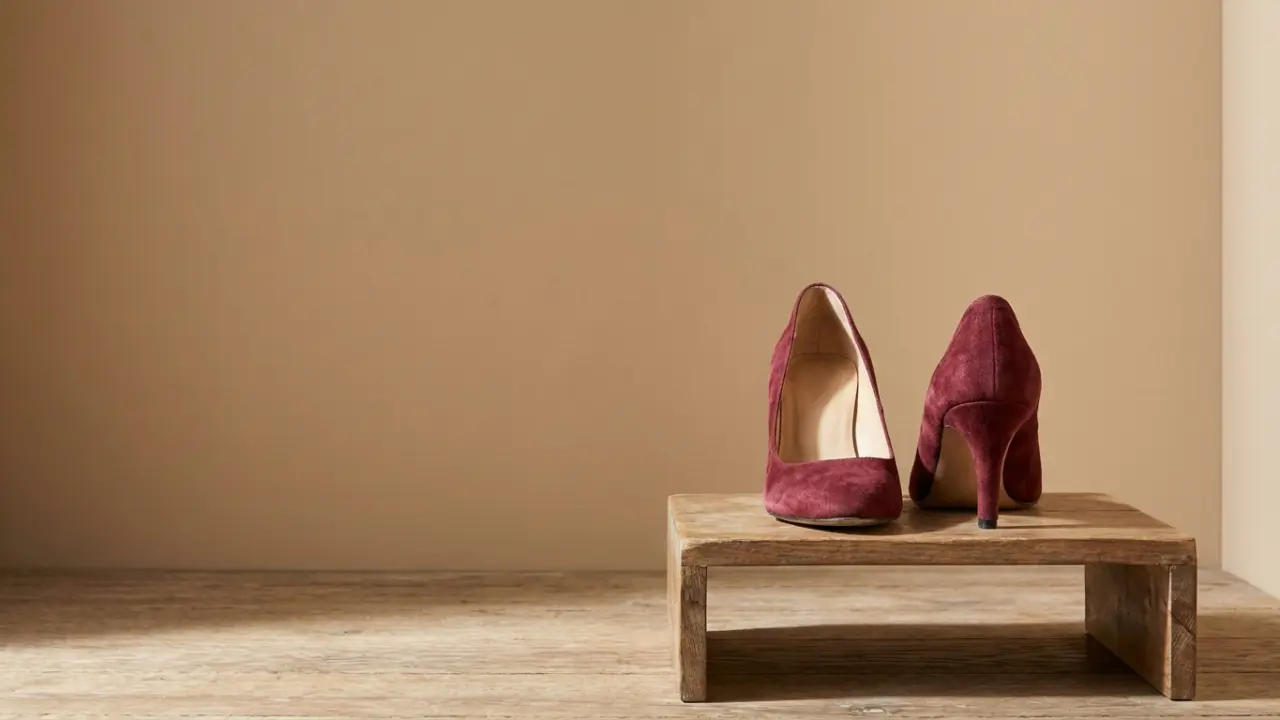 Een paar bordeauxrode pumps op een houten podium