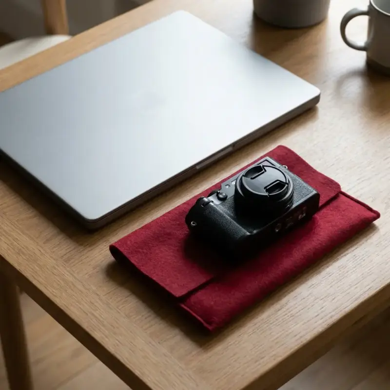 Een gesloten laptop en camera op een tafel